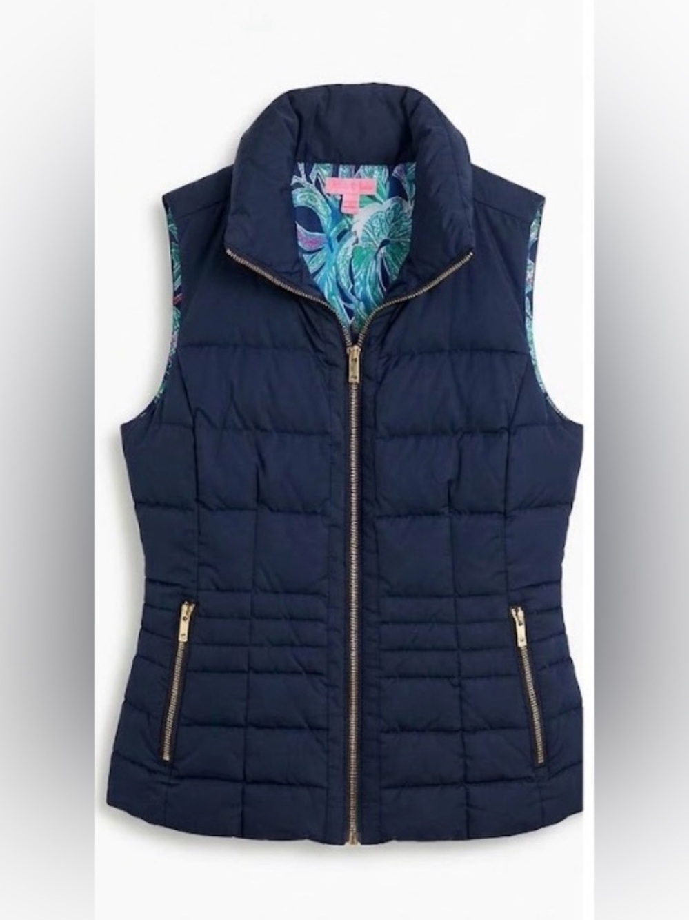 Lilly Pulitzer Syd Quilted Puffer Vest Navy Blue "Trunk Show" Print Lining [XS]